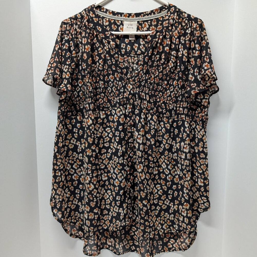 Knox Rose Cheetah Print Smocked Button-Down Blouse
